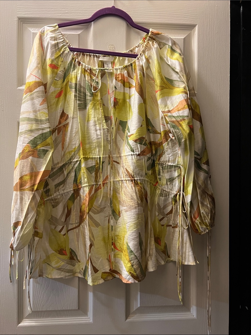 H&M Yellow and Green Leaf-Print Peasant Blouse